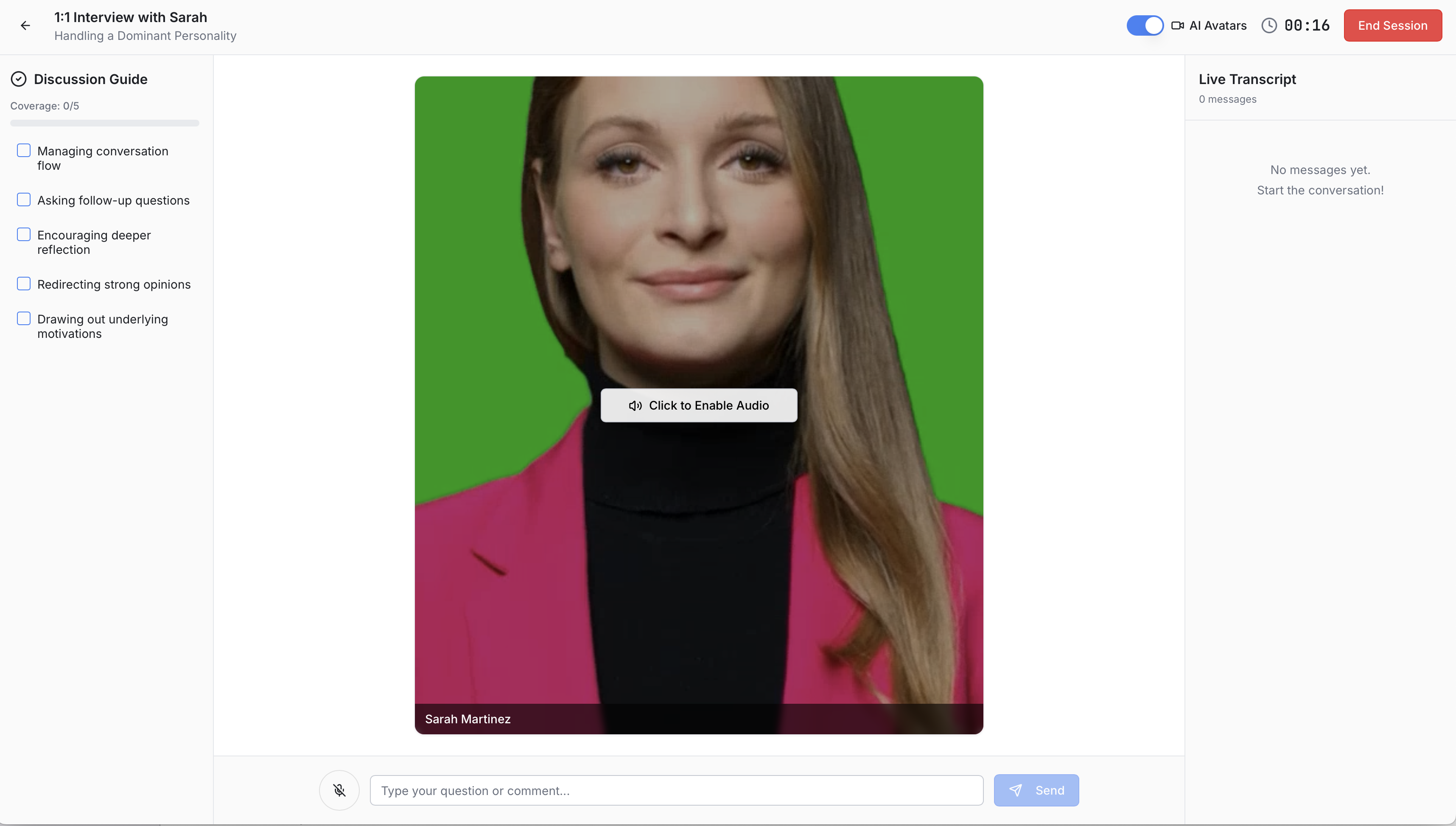Avatar Insights AI-powered qualitative research training dashboard interface